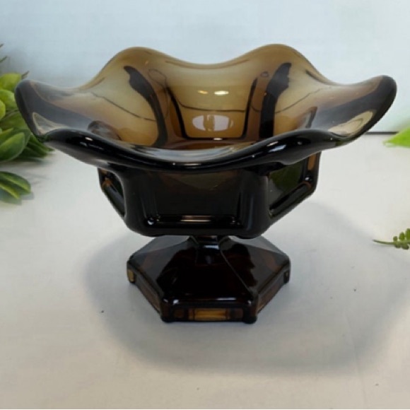 Vintage Viking Glass Epic Hexagon base Six Petal Small Compote in Smoke Brown - Picture 3 of 6